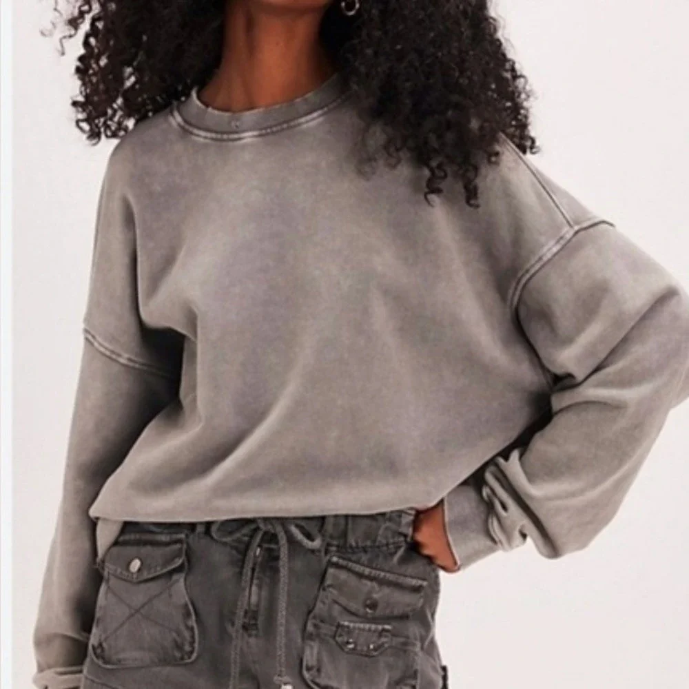 Free People Falling Forward Snow Washed Destroyed Pullover Sweatshirt Grey Large